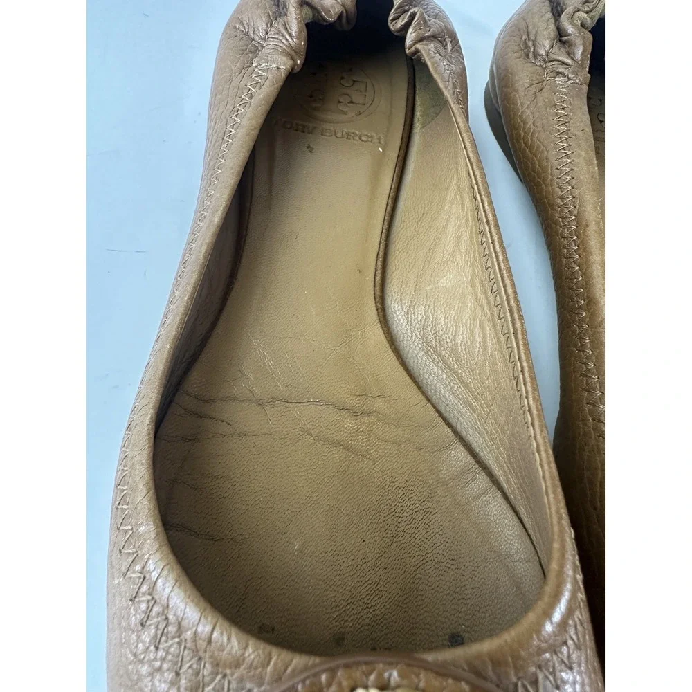 Tory Burch Reva Pebbled Leather Ballet Flats Royal Tan Camel Women Shoe Size 7M - Picture 3 of 15